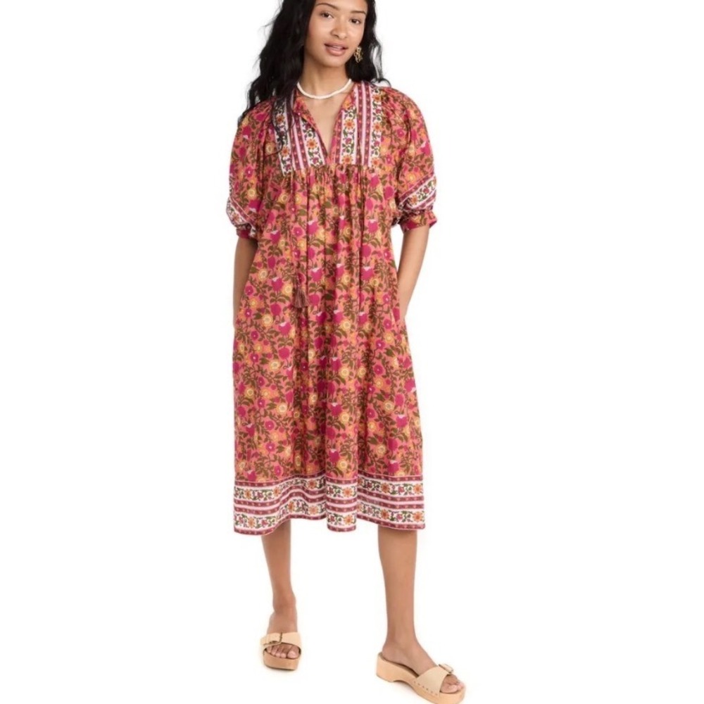 MILLE Resort & Travel Floral Print Poplin Midi Dress Puff Sleeves Cottage Size M